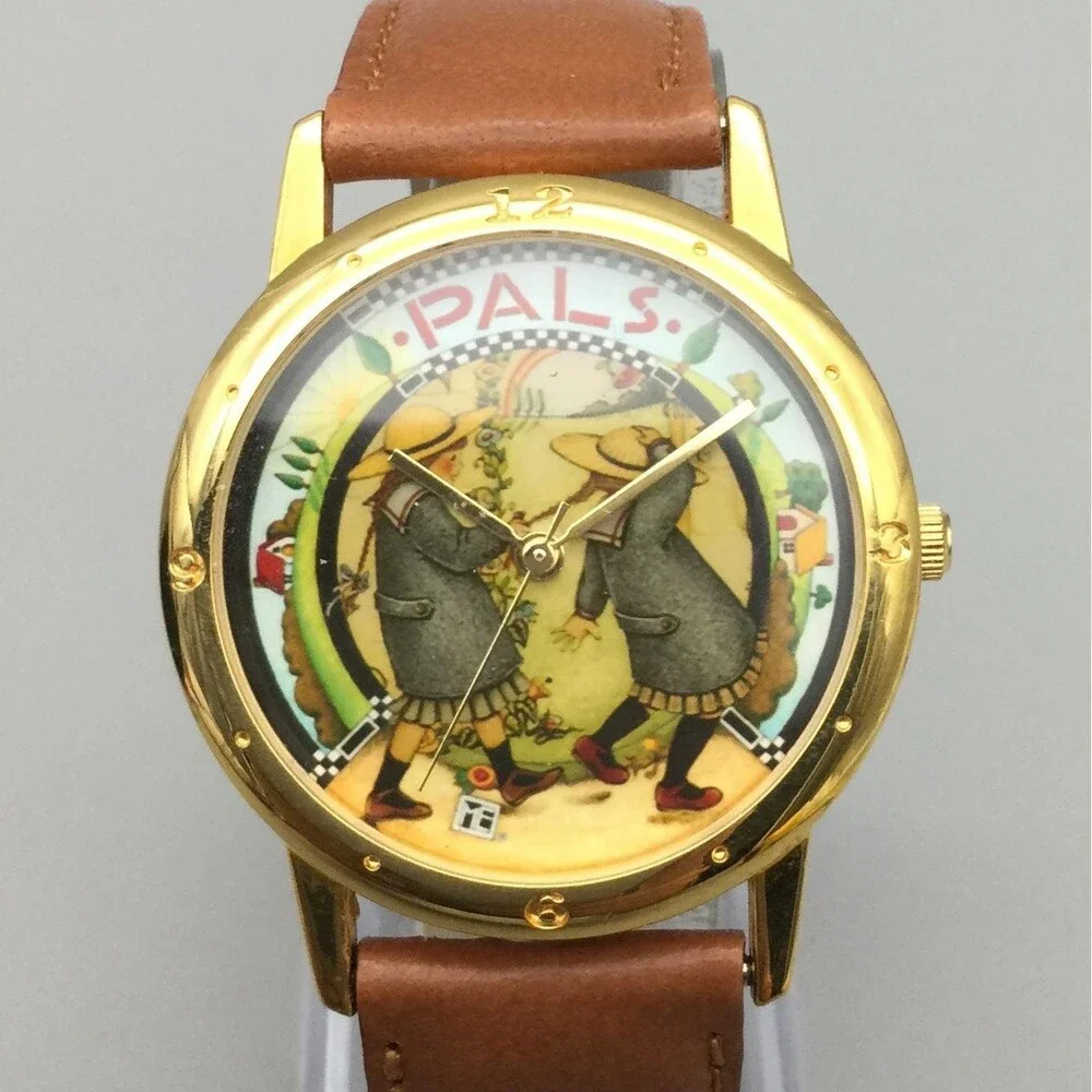Mary Engelbreit Pals Womens Watch 34mm Gold Tone Brown Leather Band New Battery